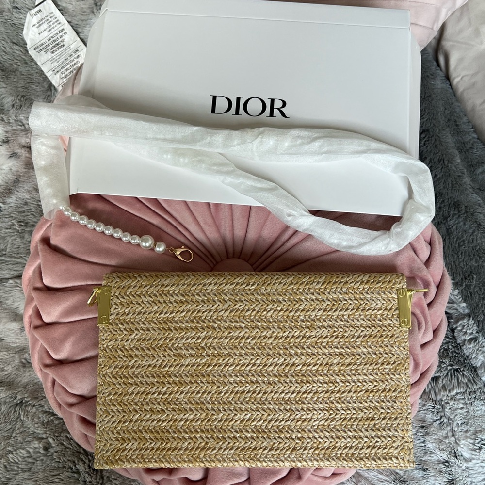 Dior Beige Woven Clutch with Pearl Accent - Picture 2 of 4